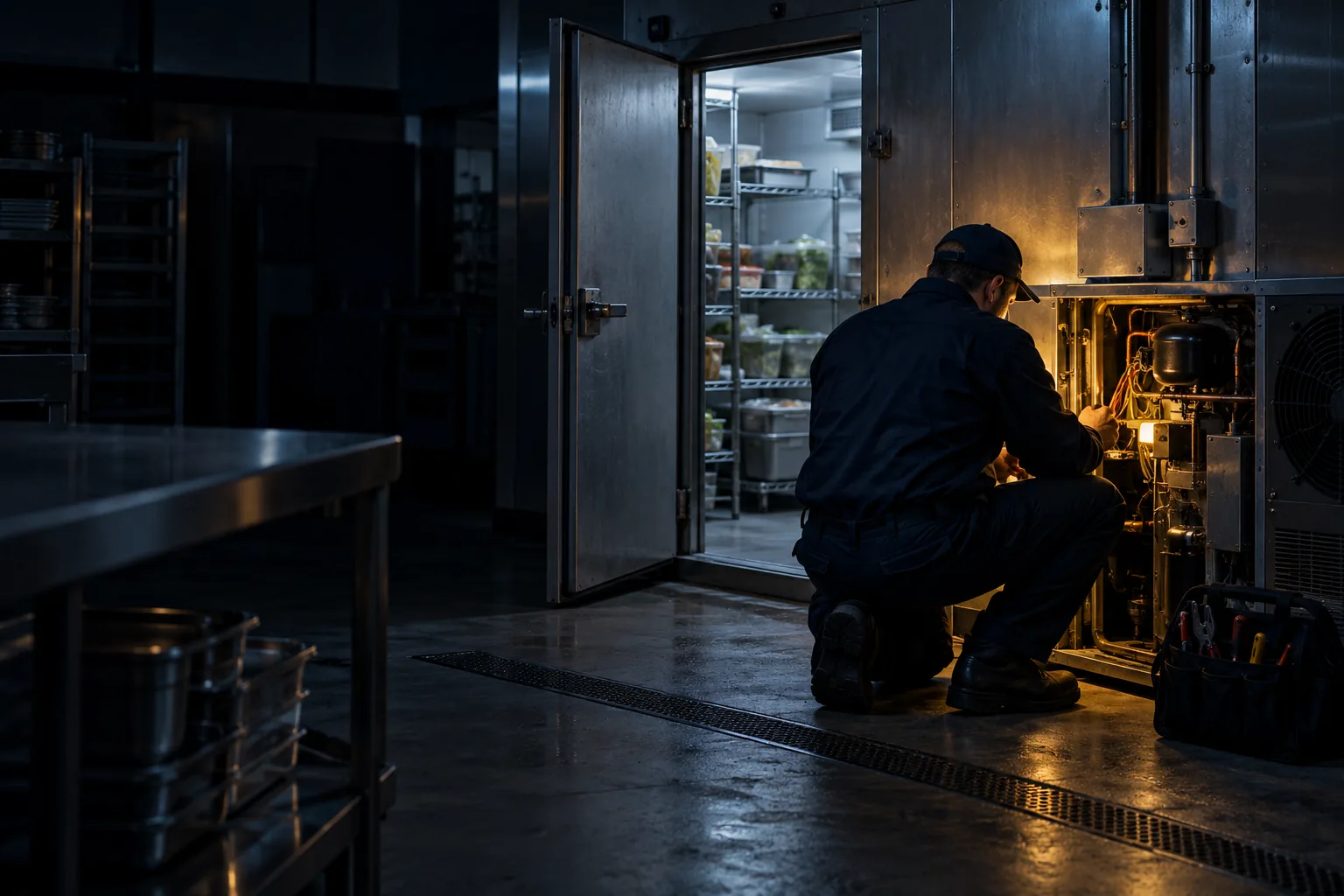 Technician servicing a restaurant walk-in cooler after hours
